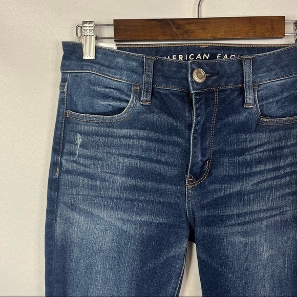 American Eagle AEO Dark Wash Distressed Knit Mid Rise Jeans 4 - Picture 3 of 5